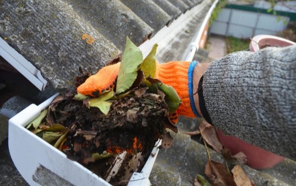 Someone scooping debris out of a gutter.