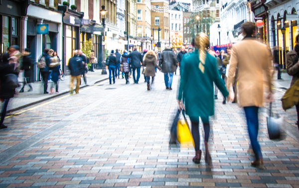 A busy high street in the UK.